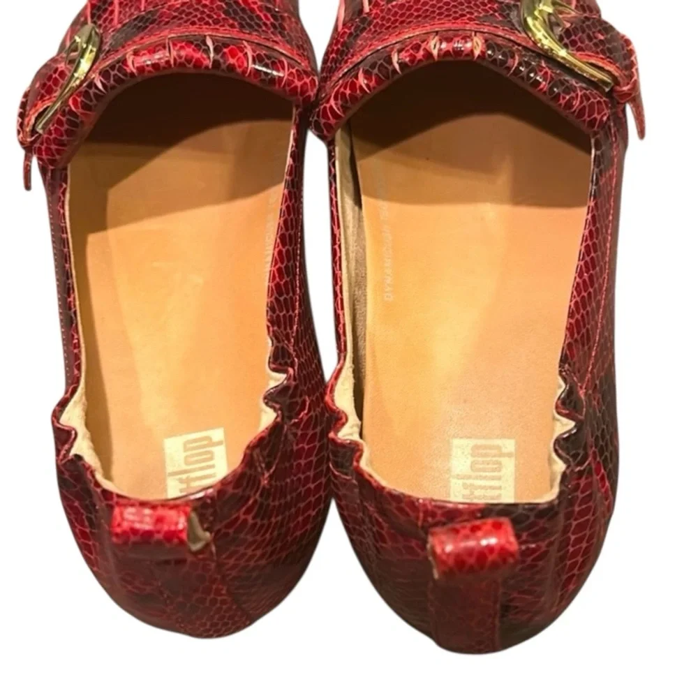 Fitflop Allegro Fringed Buckled Leather Loafer Snakeskin Embossed Red Size 6